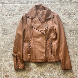 Max Studio Brown Leather Biker Jacket with Textured Finish